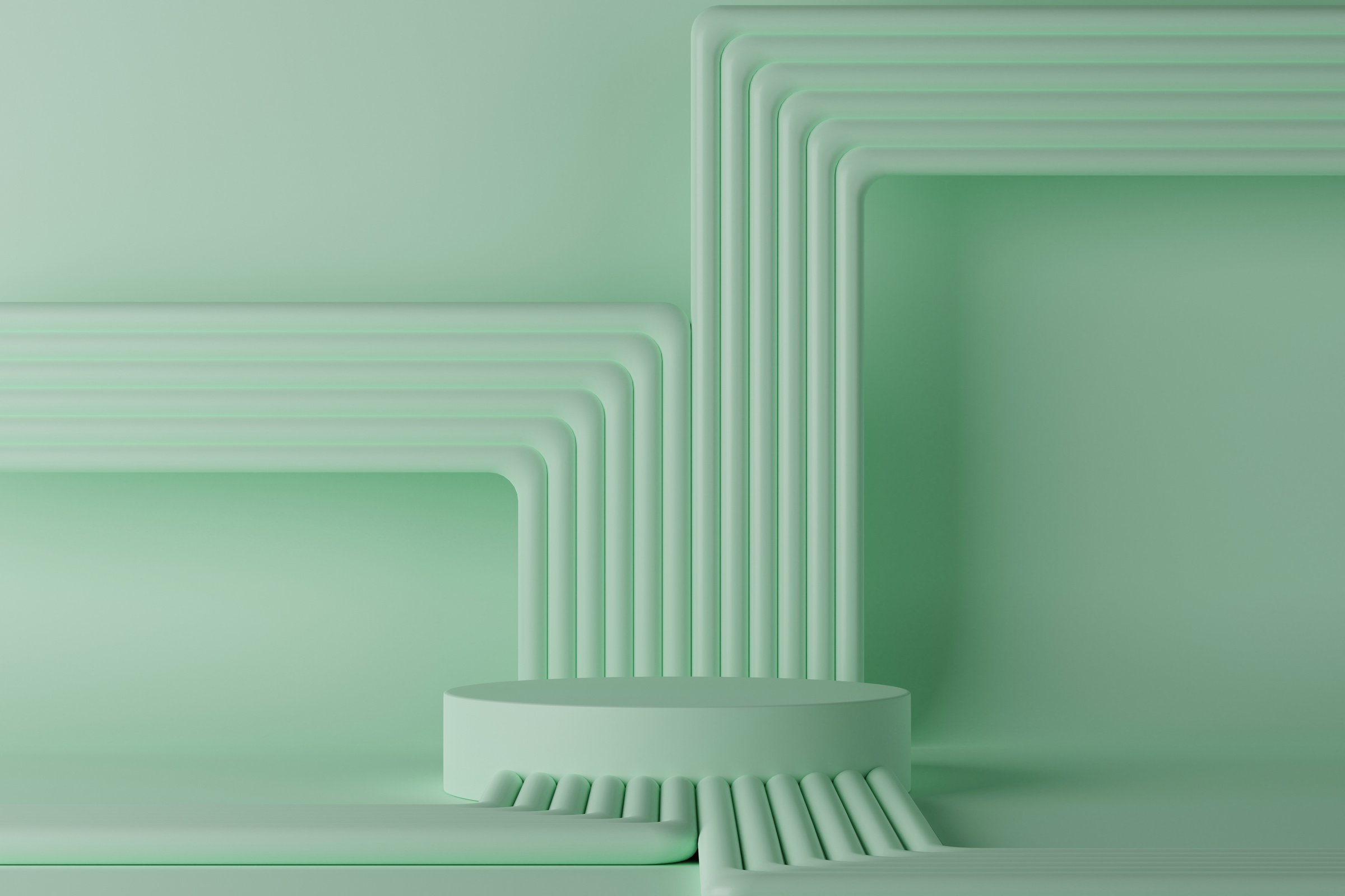 3D Render Empty Cylinder Podium with Pipes